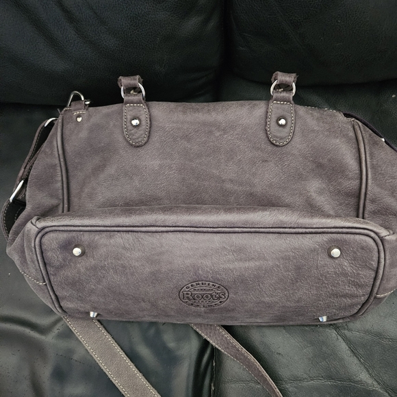 Roots 100% Leather Taupe Stainless Steel Hardware Gray Satchel Handbag Purse - Picture 4 of 16